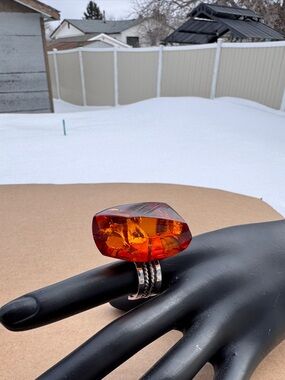 Sterling Silver Ring with Faceted Fire Amber, Size 9